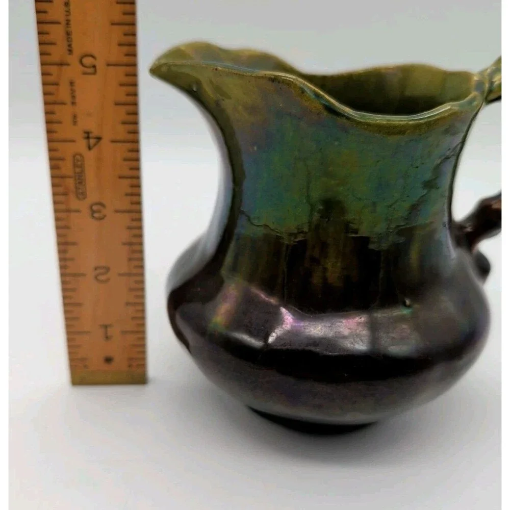 Stoneware Art Pottery Pitcher Drip Green Brown Iredescent Creamer Jug Ceramic